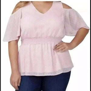 LANE BRYANT Pink White Swiss Dot Cold Shoulder Layered Peplum Top Sz 20